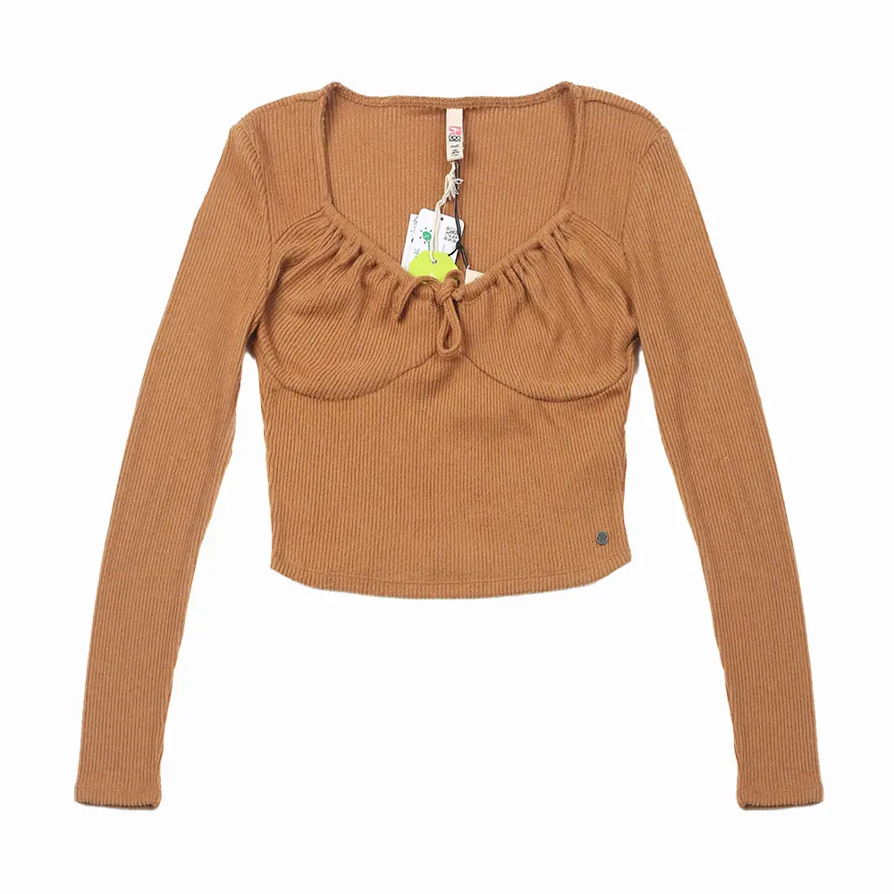 Lenzing Viscose women’s long sleeve rib brushed knotted collar crop top